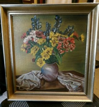 Vintage R.  Thomas Signed & Dated Oil Painting On Canvas - Bouquet Of Flower Framed