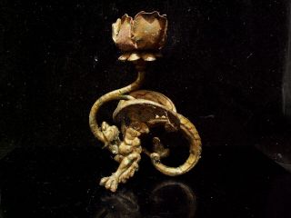 Antique Chinese Qing Style Iron Dragon/griffin Candlestick Chamber Stick