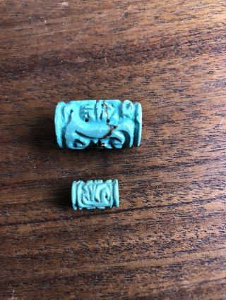 2 Vintage Old Stock Carved Chinese Turquoise Shou Beads Cylinders