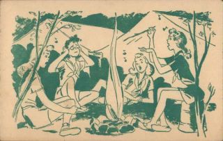 Singing Around The Campfire - Girl Scout Camp Girl Scouts Chrome Postcard Vintage