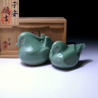 @yk22: Vintage Japanese Celadon Figurines,  Birds,  Kyo Ware,  With Signed Box