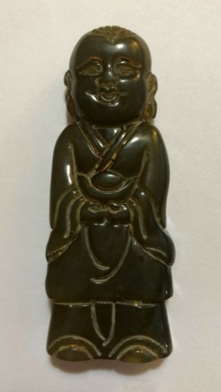 Chinese Carving Old Jade Standing Buddha Desk Statue Paperweight Pendant