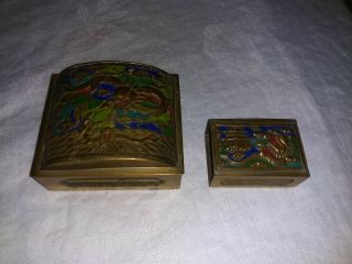 2 Antique Chinese Canton Enamel On Brass Box & Cigarette Match Holder