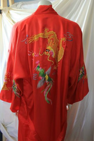 Vintage Golden Deer Hand Embroidered Red Silk Kimono Robe Coat Dragons Size Xl