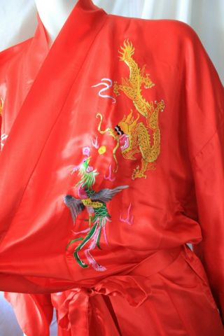 Vintage Golden Deer Hand Embroidered Red Silk Kimono Robe Coat Dragons size XL 2