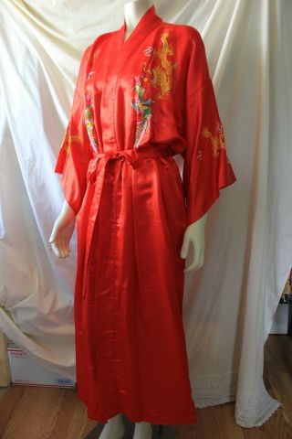Vintage Golden Deer Hand Embroidered Red Silk Kimono Robe Coat Dragons size XL 3