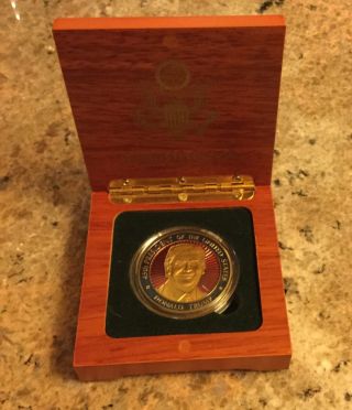 Trump Coin Challenge In Wood Box President Inauguration Eagle Seal Gold Enamel