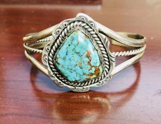 Vintage Sterling Silver Navajo Wide Cuff Bracelet With Large Turquoise.