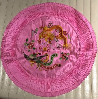 Two Vintage Chinese Embroidered Phoenix And Dragon Silk Pink Pillow Cases