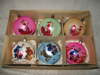 6 Vintage Large Glass Ball Ornaments: Band Of 3 Cat Musicians & Flamenco Dancers