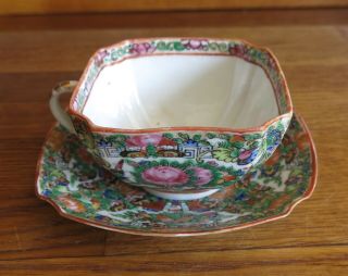 Vintage Chinese Canton Porcelain Famille Rose Tea Bowl Cup & Saucer C.  1900