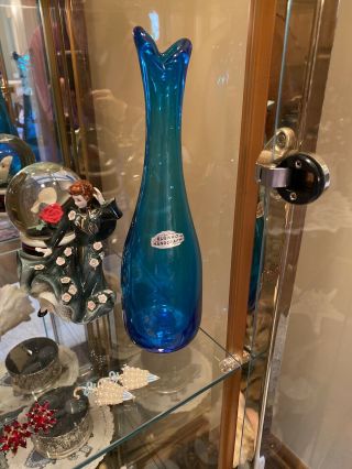 Lovely Vintage Blenko Glass Vase Sapphire Blue 11” Tall Foil Sticker Fish Lips