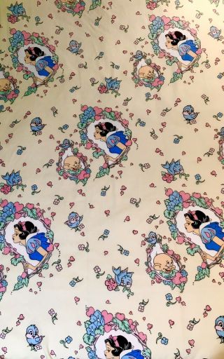 Vtg Walt Disney’s Snow White & Dopey Twin Size Flat Sheet Flowers Bluebirds
