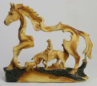 Cowboy In Horse Faux Wood Carving Figure Statue Western Art Pony Cattle Cow