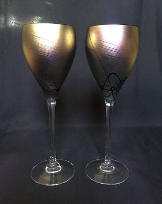 Vintage Steve Maslach Iridescent Aurene Cobalt Studio Wine Stem Art Glasses