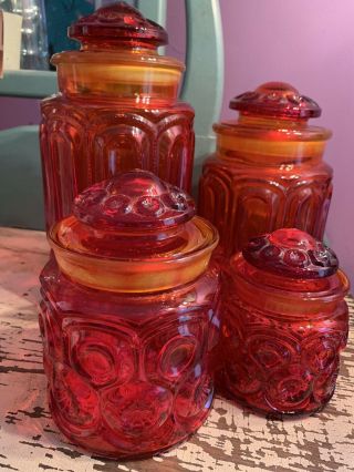 Vintage L.  E.  Smith Red Amberina " Moon & Stars " Glass Canister Set 4 Jars & Lids