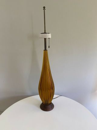 Vintage Mid Century Modern Amber Glass Table Lamp,  Xl 3 Bulb Lamp