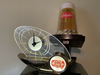 Vintage Schaefer Beer Advertisement Sign Atomic Clock And Hanging Sconce Mug