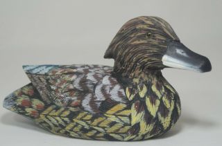 Hand Carved/painted Mallard Duck 6 " Long Wood With Glass Eyes