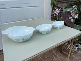 Vintage Pyrex Amish Butterprint Nesting Bowls Set Of 3 441 442 444 Teal