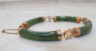 Vintage Green Jade 14k Gold Link Bracelet Asian Good Luck Symbols