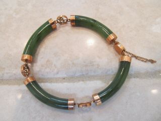 Vintage Green Jade 14K Gold Link Bracelet Asian Good Luck Symbols 2