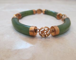 Vintage Green Jade 14K Gold Link Bracelet Asian Good Luck Symbols 3