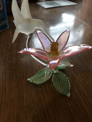 Bnib Hummingbird With Pink Flower Crystal Glass Figurine On Leaf