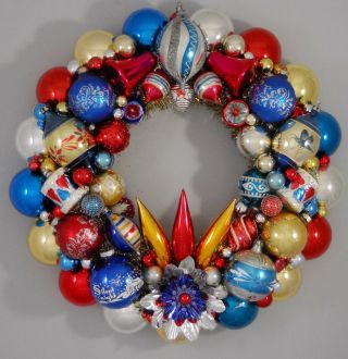 Vintage Glass Christmas Ornament Wreath Hand Made 17 " Blue Red Gold (164)