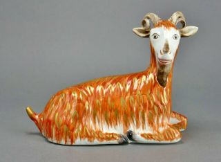 Fine Antique Staffordshire Pottery Ceramic Recumbent Gold Gilt Ram Model Of Goat
