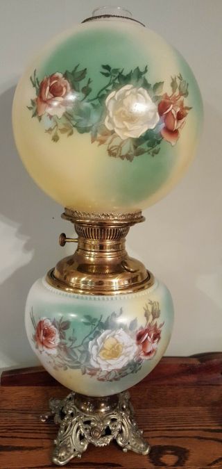 Vintage Gwtw Globe Hurricane Hand Painted Red/yellow Roses Glass & Brass Lamp
