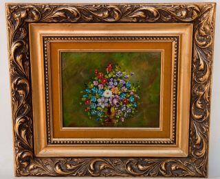 Vintage Framed Floral Oil Painting On Wood Panel 16 " X 18 " Signed Ornate Frame