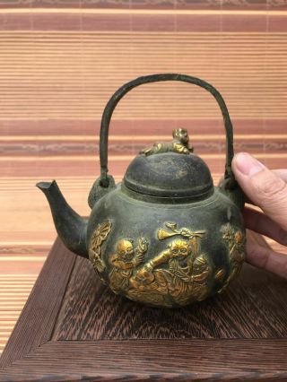 Chinese Antiques Fengshui Copper Ware Bronze Gilding Teapot T086