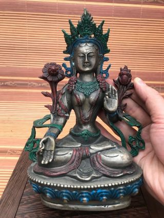 Chinese Antiques Cloisonne Bronze Ware Lotus Sits On Guanyin Statue T022