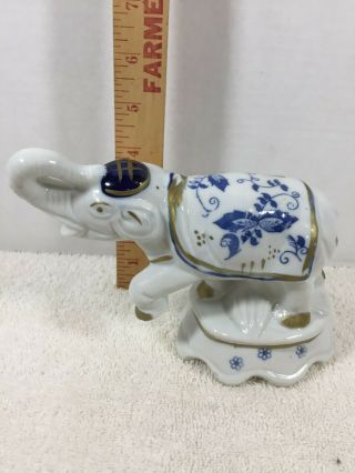 Vintage Porcelain Blue & White Elephant Figurine Trunk Up For Luck