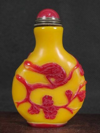 Chinese Plum Blossom Bird Carved Peking Overlay Glass Snuff Bottle