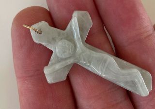 Very Unusual Large Antique Chinese Cavred Jade Crucifix Pendant 9ct Gold Bale