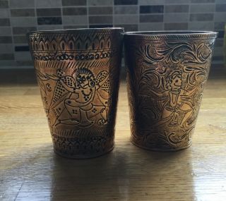 2 Antique Hand Engraved Etched Indian Brass Lassie Cups Temple Cups C1900 - 1920