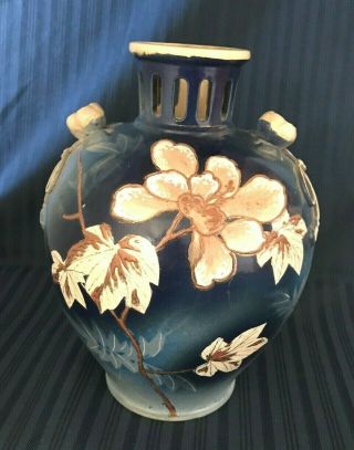 Japanese Meiji Period Satsuma Raised Enamel Moriage Vase Signed Reticulated Blue