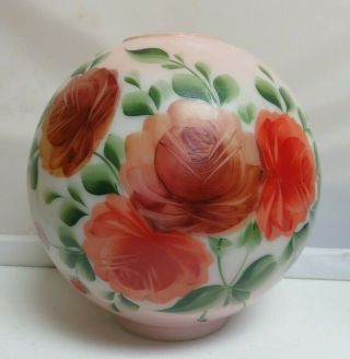 Vintage 9″ Gwtw Hand Painted Roses Ball Globe Oil Lamp Shade Milk Glass Pink