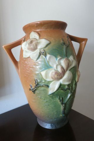 Vintage Roseville Pottery Brown & Green Magnolia Urn Vase 95 - 12
