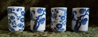 Vintage Antique Chinese Porcelain Saki Cups Blue White Prunus Set Of 4