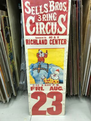 Vintage Sells Bros.  Circus Poster 14 " X 42 " Clowns & Elephant Dated Richland