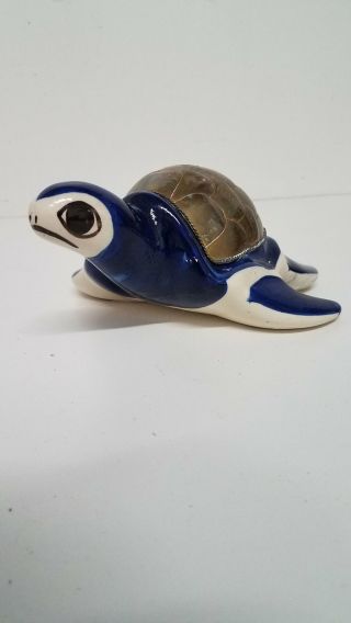 Brass & Ceramic Blue Pottery Turtle
