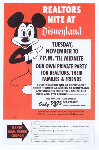 Disneyland Walt Disney Realtors Nite Paper Mail In Coupon Flyer/paperwork 1964