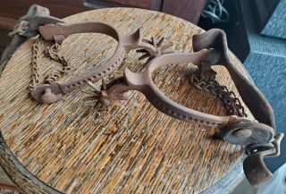 Vintage Iron Cowboy Spurs With Leather Straps And Chains Still Intact - Western