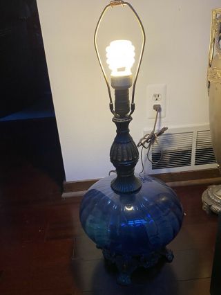 VTG Mid Century Modern Optic Glass Table Lamp Hollywood Blue Swag 1960s 1970s 3