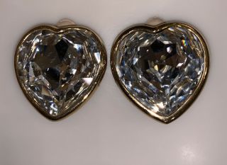 Authentic Vintage Christian Dior Heart Logo Gold Tone Crystal Clip Earrings
