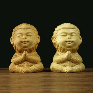 Chinese Box - Wood Hand - Carved Sit In Meditation Small Monkey King Statue Ornament
