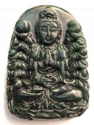 Finely Carved Antique Chinese Dark Green Jade Pendant Of A Seated Buddha